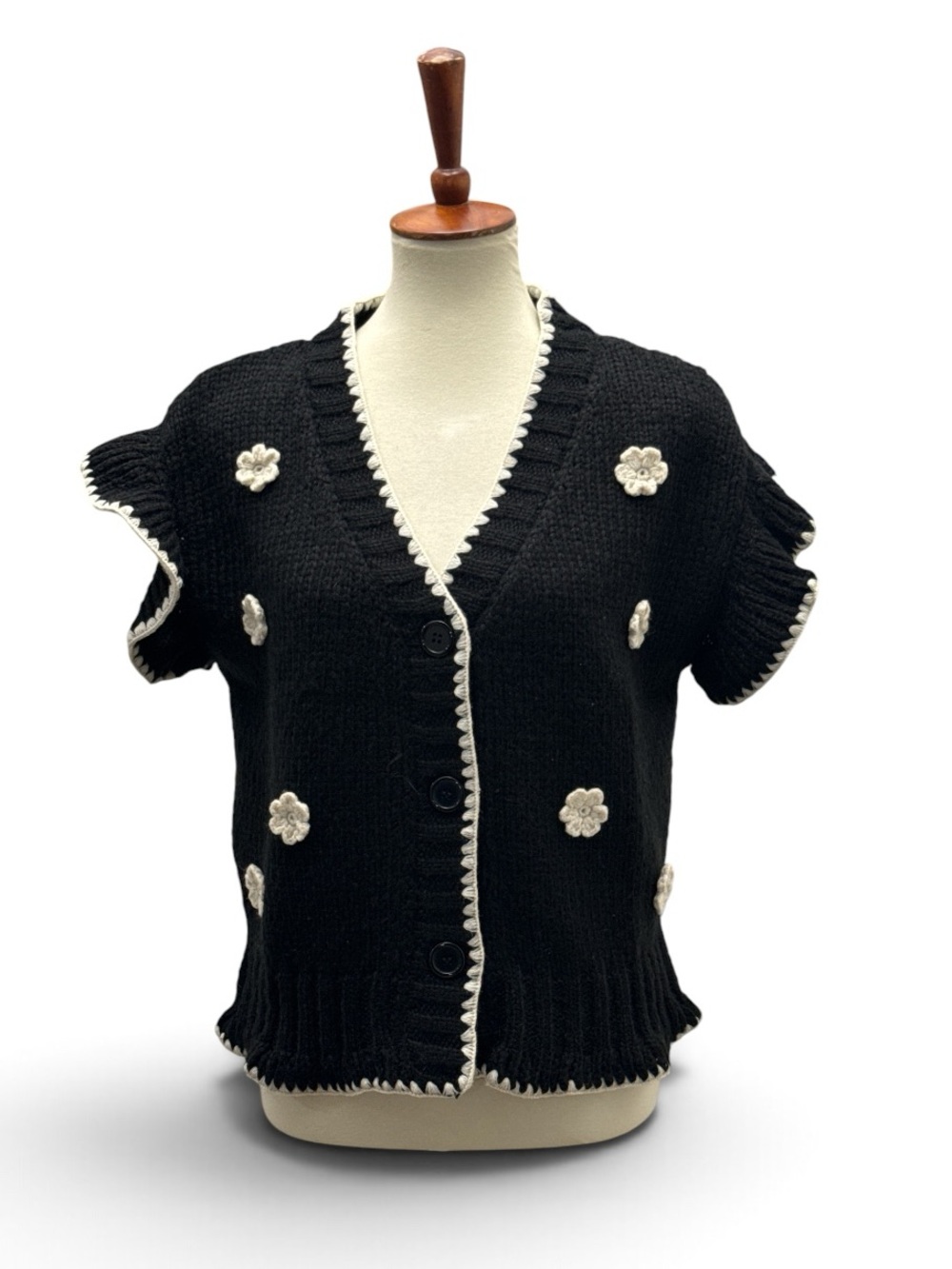 Blu Pepper Crochet Black White Floral Detail Ruffled Cardigan Sweater Size L